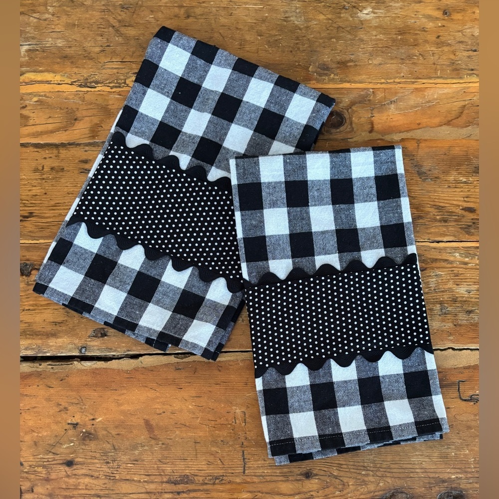 Handmade Kitchen Towels set of 2 Blk & wht buff chck 100% cottn Farmhouse